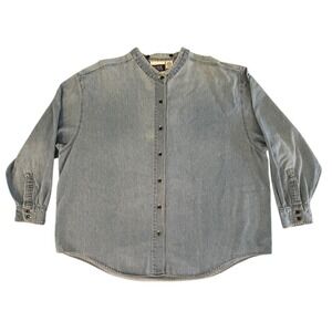 Bill Blass Women's Chambray Shirt Long Sleeve Band Collar Button Up 3X Lightwash